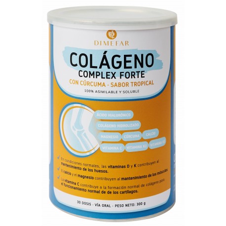 Colágeno Forte Dimefar Sabor tropical con colágeno, cúrcuma, calcio, magnesio, ácido hialurónico y vitaminas C, D3 y K2.