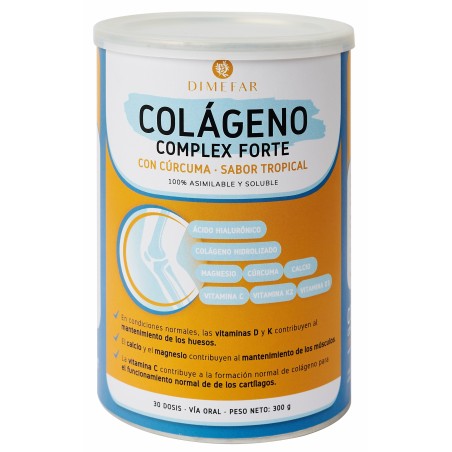 Colágeno Forte Dimefar Sabor tropical con colágeno, cúrcuma, calcio, magnesio, ácido hialurónico y vitaminas C, D3 y K2.
