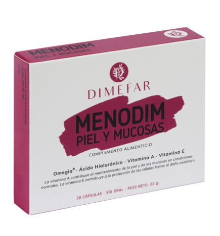 Menodim piel y mucosas - 30 cápsulas a base de Omegia®, Ácido hialurónico, Vitamina A y Vitamina E