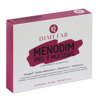 Menodim piel y mucosas - 30 cápsulas a base de Omegia®, Ácido hialurónico, Vitamina A y Vitamina E