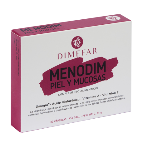 Menodim piel y mucosas - 30 cápsulas a base de Omegia®, Ácido hialurónico, Vitamina A y Vitamina E